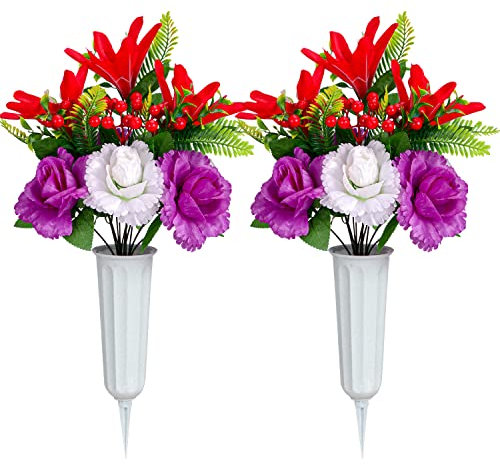 XONOR Künstliche Friedhofsblumen für Grab, 2 Stück künstliche Gedenkblumen mit Vase für den Außenbereich, Friedhofssteine, Grabsteine, Grabsteindekoration (rote Lilie und weiße, violette Pfingstrose)