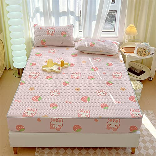 FCLDESHOP Double Spannbettlaken Stretch,Dicke, Gesteppte, einfarbige Latex-Bettwäsche, Kinderzimmer-Cartoon-Animation-Matratzenauflage, Bettbezug, Erdbeere, 120 cm x 200 cm (47 x 79 Zoll)