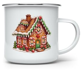MAXIKIWI - Tasse à café ou thé en émail durable pour l'intérieur et l'extérieur – Maison en pain d'épices de Noël – 350 ml