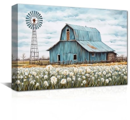 CXHOSTENT Scheunen Leinwandbilder Bauernhaus Bilder blaugrüne alte Scheune Windmühle und Blumen Kunstdrucke rustikale Landbauernhof Dekoration (B, 30.00 x 45.00 cms)