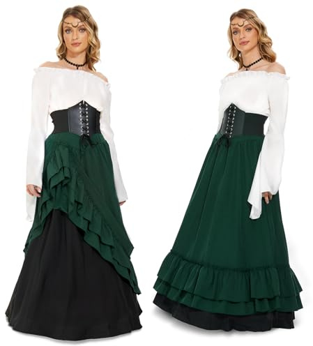 JONRRYIN Falda Larga Medieval para Mujer, Costume Victoriano Renacentista, Manga Acampanada Bohemio Vestido, Ropa Gótico Vintage Carnaval Halloween (FR/ES, Letras, XXL, Regular, Regular, Verde)