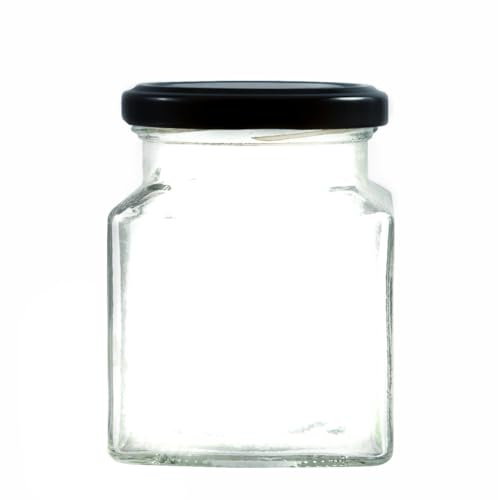 Wares of Knutsford Square Glass Jam Jar 282ml Pack 36 Black Lid Preserving, Honey Marmalade Chutney Homemade Gifts