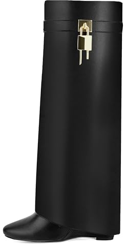 HYYH CFPL Fold Over Knee High Boots for Women Pointy Pull-on Wedge Heel Knee Shark Boot With Side Zipper Covered Wedge Heel Padlock Boot, Black, 12
