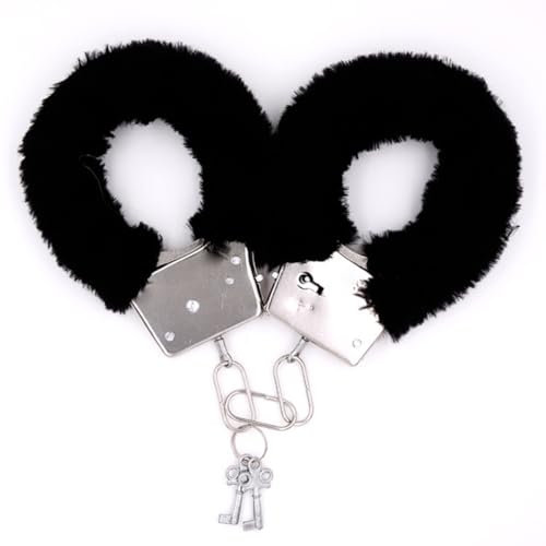 Metall Handschellen mit Schlüssel, 1 Paar Plüsch Handfesseln, Sexy Schwarz Metall Handschellen, Bondage Fesseln Handschellen mit schwarzem Plüsch, für Cosplay, Partyzubehör, Schwarz