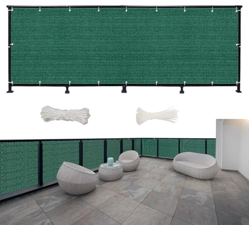 Balkon Sichtschutz Ohne Bohren 450 x 135 cm Wind- Und Uv-Schutz Wetterfest, Balkon Sichtschutz Atmungsaktiv, mit Kabelbinder Und Kordel, für Hofmauer Terrasse, Dunkelgrün