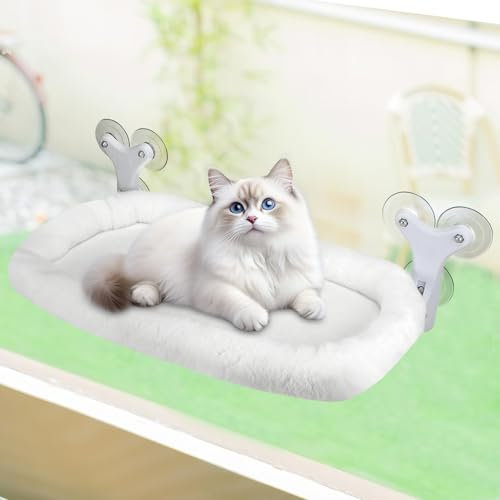 Sprifityy Fensterliege für Katzen,mit Stabil Saugnäpfe Katzenliege Klappbar,Katzenbett Fenster Hängematte,Sonnenbad Katzenbett Haustierbett bis 23 kg belastbar (Weiß, XL)
