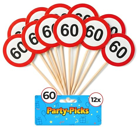 Tiwoca Deko zum 60. Geburtstag – 12 Stück rot-weiße Party-Picks mit Verkehrsschild-Optik Zahl 60 – Ausgefallene Geburtstagsdeko und lustige Geschenkideen für Männer und Frauen