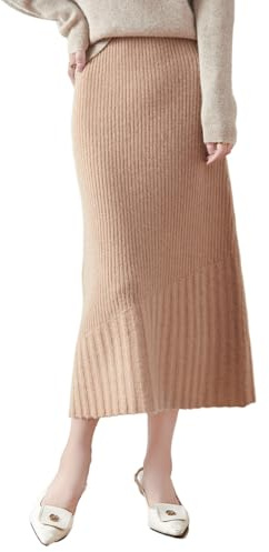 Ailaile halvlång kjol kvinnor höst vinter 100 % merinoull stickad lång kjol ribbad elastisk varm tröja kjol, Khaki, S