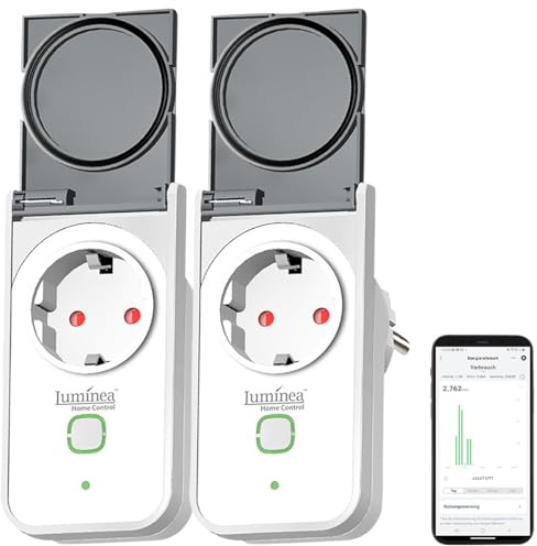 Luminea Home Control Amazon Alexa Steckdosen: 2er Outdoor-WLAN-Steckdose, Energiekostenmesser, App, Matter (Alexa Steckdosen Smart Plug, Sprachsteuerung, Zähler)
