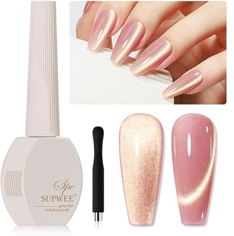 SUPWEE Cat Eye UV Gel Nagellack 9D Cat Magnetisch Eye Gel mit Magnet Rosa UV Nagellack Cat Eye Glitzer Cat Eye Cel Holografisches Soak Off Cat Magnetic Manicure DIY zu Hause