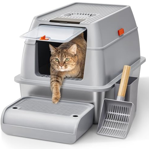 The Fellie Edelstahl Katzenklo mit Deckel, XXL Katzenklo Edelstahl mit Schaufel & Pedals, Geruchsresistent, Groß Katzentoilette für Katzen, Leicht zu Reinigen, Nicht klebrig Metal Katzentoilette, Grau
