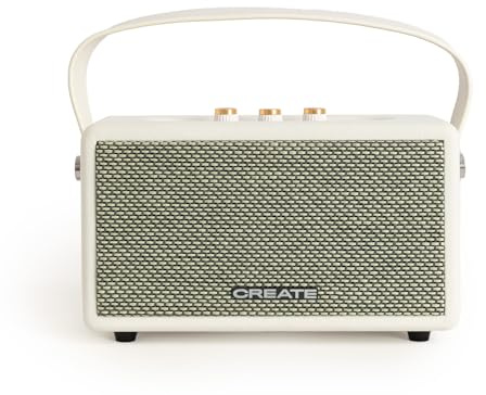 CREATE / Speaker Retro/Haut-Parleur Portable avec Bluetooth, USB et AUX Blanc cassé Petit/Design rétro, jusqu'à 5 Heures d'autonomie, Sangle de Transport, 40W