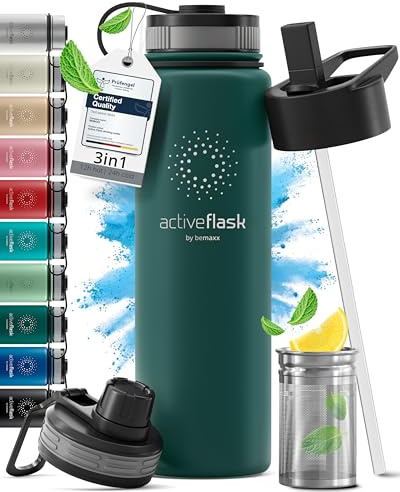 Trinkflasche Edelstahl ACTIVE FLASK + Strohhalm (3 Deckel) BPA-frei, Auslaufsicher, Kohlensäure geeignet - Wasserflasche Fahrrad Thermosflasche Isoliert Isolierflasche Sport Wasser Flasche Kinder Tee
