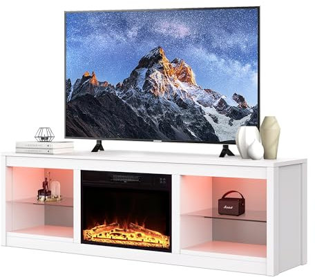 Parrot Uncle Meuble TV pour téléviseurs jusqu'à 75 en MDF, blanc, avec cheminée électrique de 24 et bande LED à changement de couleur, 168 x 42 x 56 cm, capacité de charge de 54 kg