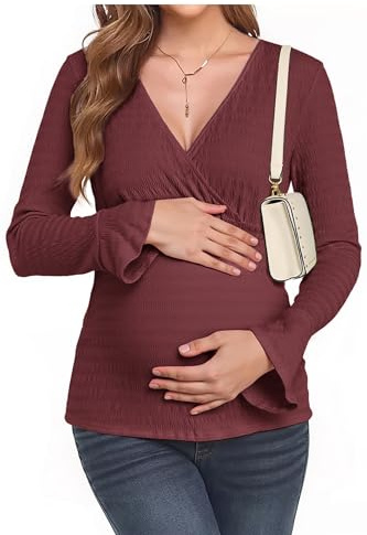 OUGES Womens Maternity Shirts Blouse Nursing Tops Long Bell Sleeve Wrap V Neck Soft Textured Red Fall Fashion 2025(Wine Red,M)