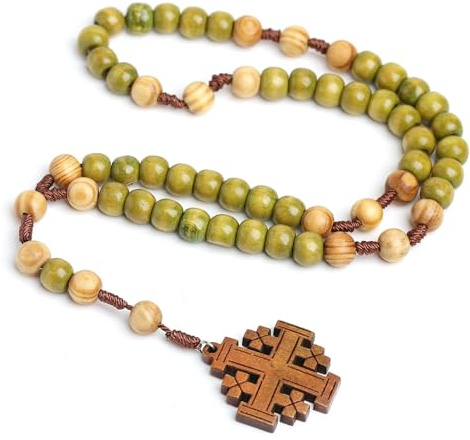 Orthodoxe Gebetsperlen aus Holz, grüner und natürlicher Holzrosenkranz mit Jerusalem-Kreuz-Anhänger, religiöser Schmuck, 29 Centimeters, Holz Holz Baumwollfaden, Kein Edelstein