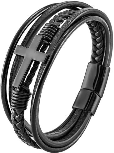 Mochity armband herr, läderarmband män svart, viking herrarmband, armband rostfritt stål för män, män presenter, 21cm, Läder, Rostfritt stål