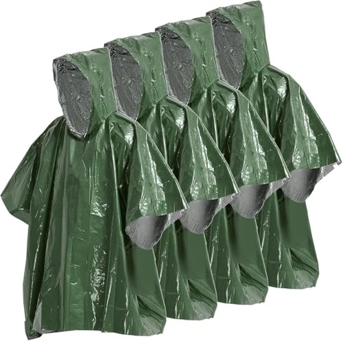 Générique Lot de 4 couvertures Thermiques d'urgence, Poncho de Pluie d'urgence, Poncho Thermique résistant aux intempéries, équipement de Survie en Plein air pour Le Camping (Vert Kaki)