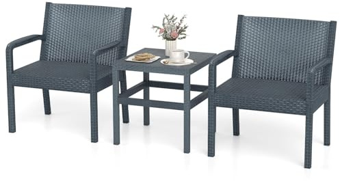 FANTASK 3tlg. Balkonmöbel Set, Gartenmöbel Set aus Rattan, inkl. 2 Stühle mit Tisch, Lounge Möbel TerassenmöbelSet, für Balkon, Terrasse, Garten, Grau