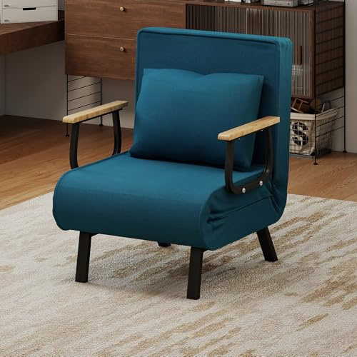 Fabulcozy Canapé Lit Convertible 3 en 1, Fauteuil Réglable 5 Positions, Housse Amovible Lin-Coton, Coussin Épais, Pieds Métal Trapèze Incliné, Accoudoirs en Bois et Métal, pour Salon/Bureau,Azul