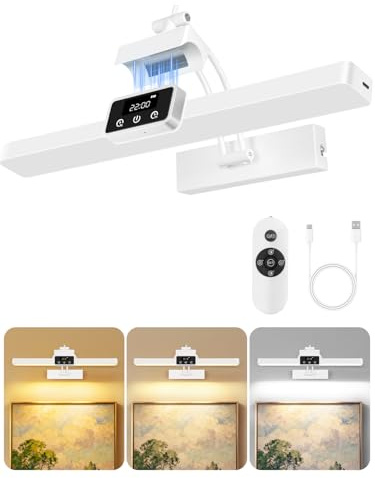 OUTON Rechargeable Picture Light with Remote & Touch, 15.7 Magnetic, Battery Operated, 3 Color Temperatures Dimmable, Clock, Timer, Memory, Power Indicator, Wireless Art Light for Wall, White