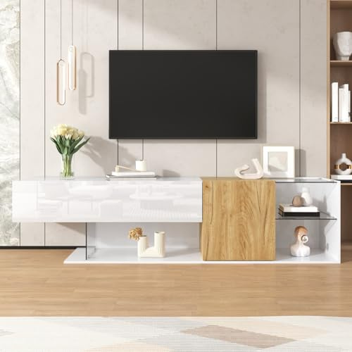 PUGSDRLY Meuble TV de 180 x 38 x 48 cm avec portes et étagères en verre, comprenant plusieurs espaces de rangement, compatible avec téléviseurs jusqu’à environ 75 pouces, design blanc laqué avec effet