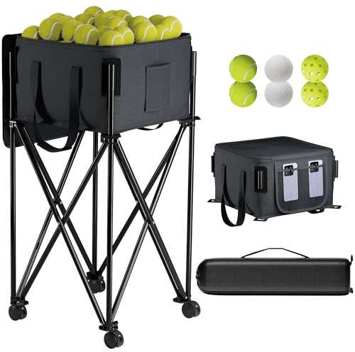 Lnmuzm Tennis Ball Hopper for 120 Balls，Tennis Ball Basket with Removable Storage Bag，Wheeled Tennis Ball Cart for Serve Training ，Portable Pickleball Baseball Hopper Basket