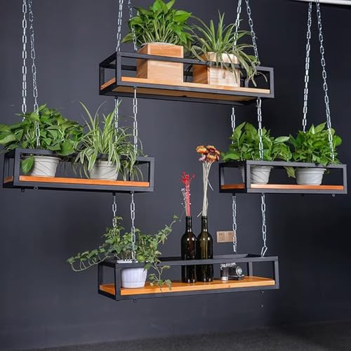 PULaif Plant Shelf Stand Holder Indoor Outdoor Rack， Ceiling Hanging Storage Rack Solid Wood Iron Frame 4-Tier Shelf Pack of 4 Multiple Sizes(80 Cm X 2+100 Cm X 2)