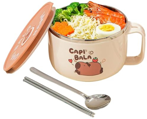 Syglawnd Bol à ramen avec couvercle, 2 bols de nouilles instantanées avec poignée, 800 ml de ramen instantané Capybara avec couvercle et vaisselle en acier inoxydable 316 pour soupe, nouilles