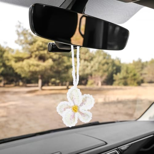 GORGECRAFT Hibiscus Flower Car Accessories White Crochet Knitted Floral Hanging Ornament Hawaiian Tropical Flowers Car Rear View Mirror Pendants for Automotive Interior Bag Charms Keychain Decor