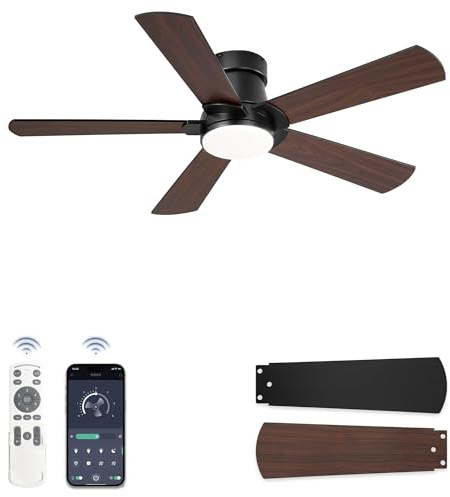 ZMISHIBO Ventilador de Techo con Luz LED Ø 106 cm, Color Negro con Aspas Nogal, Perfil Bajo, Control por APP y Mando, Motor DC Silencioso, 6 Velocidades, Función Reversible,10-100% regulable