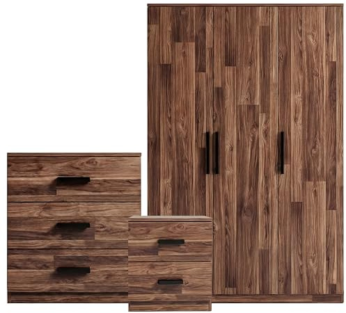 Blisswood 3 Piece Wardrobes for Bedroom Furniture Set with 3 Door Wardrobe, 3 Drawer Chest of Drawers, 2 Drawer Bedside cabinet Bedroom Wardrobes Sets for Storage - Wood Rustic