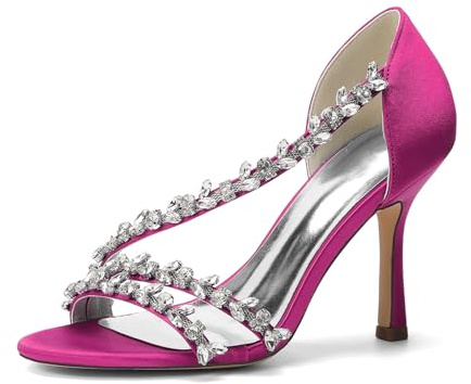 HFWXYSA Sandali Eleganti in Raso Fucsia da Donna con Cinturini in Cristalli e Tacco a Spillo Scarpe da Sera Cerimonia,Fuchsia,36 EU