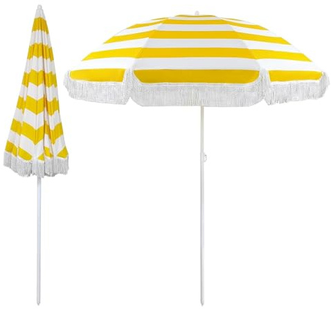 HCBUTAE 180 cm - Ombrellone da Campeggio Patio Esterno - Strisce Bianche e Gialle, Ombrellone da Spiaggia Vacanze inclinabile, UV 50+, Impermeabile, Antivento, per Giardino Piscina Cortile