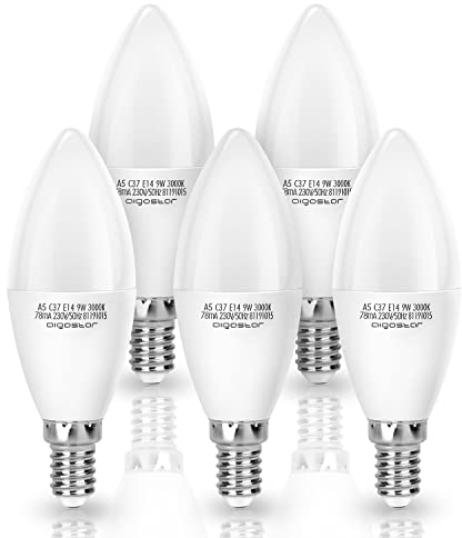 Aigostar LED Glühbirne E14 9W (Ersetzt 62W Birne), Warmweiß 3000K, 840 Lumen, Abstrahlwinkel 260 Grad, Leuchtmittel E14 C37, 5 Stück