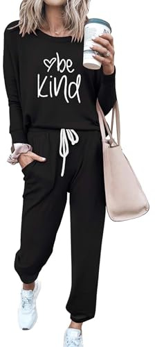 PRETTYGARDEN Women Fall 2 Piece Lounge Outfit Long Sleeve Tops High Waisted Jogger Pants Set Spring Travel Clothes Tracksuit (Patterned-black,Small)