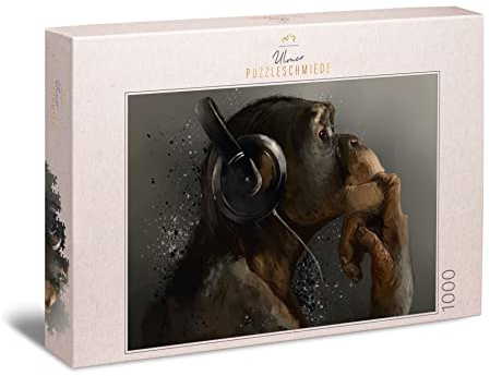 Ulmer Puzzleschmiede - Puzzle Sound of Evolution - Klassisches 1000-Teile Puzzle – Kunst-Motiv AFFE mit Musik-Kopfhörer