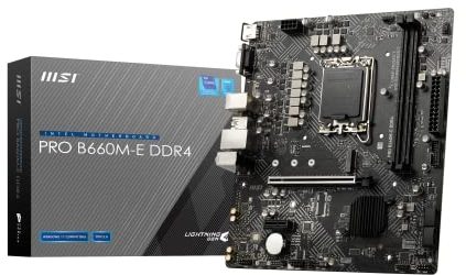 MSI PRO B660M-E DDR4 Mainboard Micro-ATX - unterstützt Intel Core Prozessoren 12. Generation, LGA 1700 - DDR4 Memory Boost 4600+MHz/OC, PCIe 4.0 x16 Slot, 1 x M.2 Gen3 Slot, Intel 1G LAN