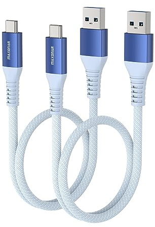 Maxonar USB C Kabel Kurz 50cm/0.5M [2Stück] 10Gbps USB3.2 Gen2 Datenkabel Typ C Android Auto QC3.0 3.1A USB A auf C für Samsung Note20 Galaxy S23/S22/S21 Galaxy Z Flip 5 Pixel 8 Pro OnePlus 11-Blau