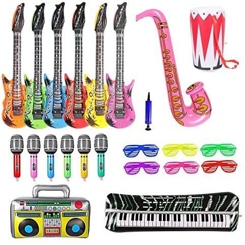 Newthinking Inflatable Rock Star Toy Set, 22 Pack Inflatable Party Prop for Kids - 6 Inflatable Guitar Microphones Shutter and Shading Glasses, 1 Saxophone Piano Radio and Drum