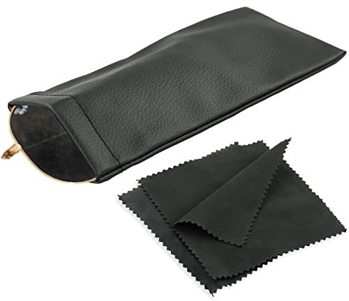 SZCXDKJ Custodia per occhiali morbida con 2 panni per occhiali, in pelle PU, occhiali da lettura e da donna, uomo (nero), Nero , M