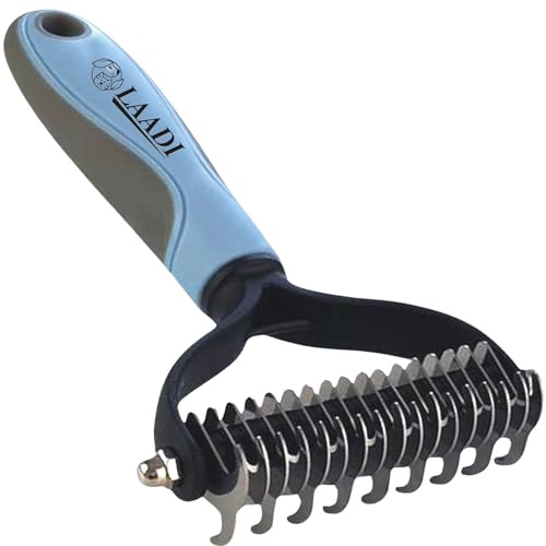Laadi Undercoat Rake Dog Cat - Reduce Shedding by 95%- Double Sided Grooming and Deshedding Tool Removes Knots and Tangled Hair, Grooming Brushes for Dog, Cat- Undercoat Brush Cat, Dematting Comb