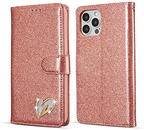 QLTYPRI Wallet Case for iPhone 15 Pro, Glitter PU Leather TPU Bumper Card Holder Kickstand Wrist Strap Inlaid Heart Diamond Flip Folio Cover for iPhone 15 Pro - Rose Gold