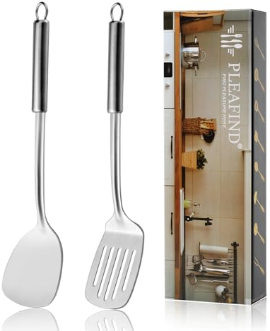 2P-Pleafind 2-tlg. solides & geschlitztes Spatel-Set, Edelstahl Spatel, Metall Spatel, Wok Utensilien, Kochutensilien, Wok Spatel für Haus, Küche und Restaurant, spülmaschinenfest