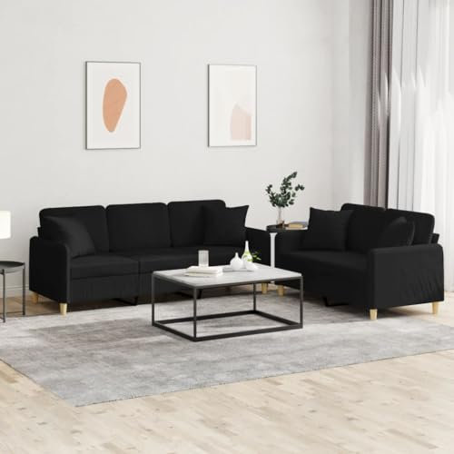 Gecheer 2-TLG. Sofagarnitur mit Kissen Schlafsofa Polstersofa Couch Sofa Couchgarnitur Loungesofa Couchsofa Gästesofa Polstergarnitur Sofa Set Wohnzimmersofa Sitzmöbel Schwarz Stoff