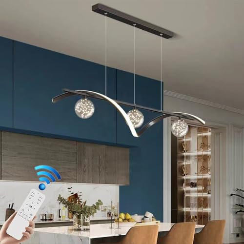 VTAMng Modern LED Pendant Light Linear Height Adjustable Dining Room Chandelier Dimmable Nordic Style Glass Lampshade Hanging Lamp 3000-6000K Ceiling Lamp Dining Table Living Room Bar Cafe Lamp(Black)