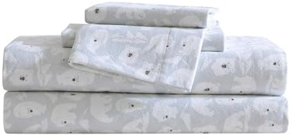 Eddie Bauer - Sábanas matrimoniales, Juego de Ropa de Cama de Franela de algodón, Cepillado para Mayor suavidad, decoración acogedora para el hogar, Certificado Oeko-Tex (Explorer Bears Grey,