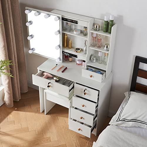 Buildonely Schminktisch mit Beleuchtung und Spiegel, Frisiertisch mit Hocker, Kosmetiktisch mit 6 Schubladens, 3 Farbtemperaturen und Einstellbare Helligkeit, Weiß, 36x80x131 cm