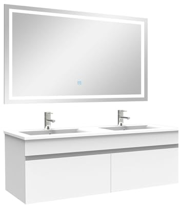 AICA Ensemble Meuble Salle de Bain 120cm Blanc Double Vasque + Miroir Lumineux 3 Couleurs + dimmable