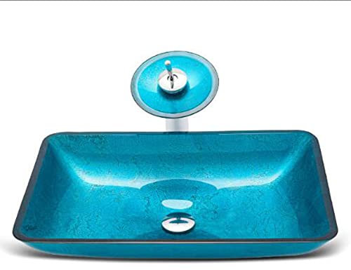 Künstlerisches Aufsatzwaschbecken für Badezimmer, 12 mm dickes Aufsatzwaschbecken aus gehärtetem Glas, kreatives Hotel-Waschbecken über der Theke, mit Wasserfall-Wasserhahn und Pop-up-Ablaufgarnitur,